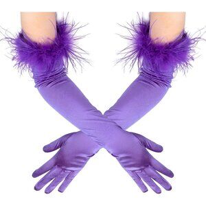 Women's Evening Purple Feather Long Satin Gloves Stretchy Halloween Costume